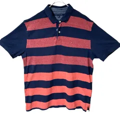 CHM TOMMY HILFIGER ボーダーポロシャツ ネイビー レッド 刺繍ロゴ 半袖 コットン XXL ビッグサイズ カジュアル メンズ レディース ユニセックス 古着