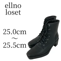 Ellno Loset エルノロゼット レースアップ デザインヒールブーツ Mサイズ 23.5cm 24cm相当 ブラック 黒 レディース スクエアトゥ 太ヒール チャンキーヒール サイドジップ 安定感 歩きやすい モード