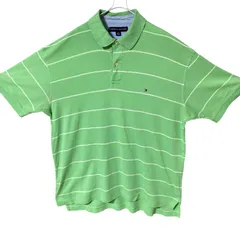 CHM TOMMY HILFIGER ポロシャツ グリーン ボーダー ワンポイントロゴ 半袖 コットン Lサイズ カジュアル アメトラ 春夏 メンズ レディース ユニセックス 古着