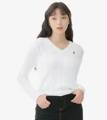 ポロ ケーブルニット Vネック セーター 白 M