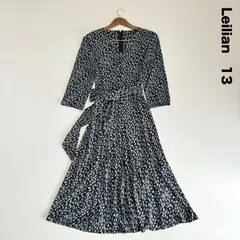 Leilian レリアン☆小花柄Vネックロングワンピース 13号 ブラウン×ライトブルー 共布ベルト付き