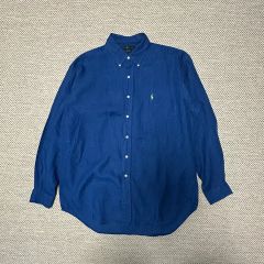 ポロラルフローレン リネンシャツ 長袖 L ワンポイント刺繍 ブルー系