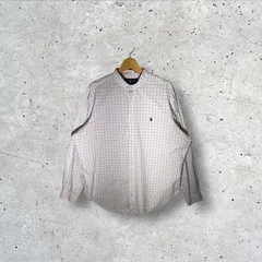 90's vintage 90年代 ヴィンテージ Ralph Lauren ラルフローレン チェック柄 ノーカラーシャツポニー刺繡 長袖 シャツ ボタンダウン フロント刺繡 CHINA製 16 1/2 34/35サイズ ホワイト ピンク ブラック