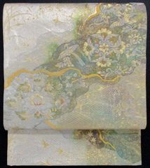 袋帯 豪華刺繍 白孔雀に百花繚乱 椿 梅 縁起図 金銀糸 430cm 未使用 袋帯 豪華刺繍 白孔雀に百花繚乱 椿 梅 縁起図 金銀糸 430cm 未使用
