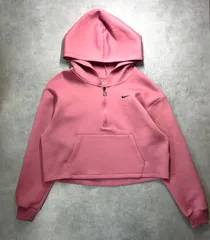 極美品 NIKE ナイキ ハーフジップ パーカー クロップド丈 L ピンク ドライフィット DRI-FIT 背中キラキラ ビッグロゴ スウッシュ ファスナーロゴ引手 レディース ショート丈 スポーツウェア ジム ウェア トレーニング フーディー