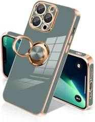 SIG iphone 13PRO ケース リング付き カバー メッキ加工 耐衝撃 車載ホルダー アイホン 13プロ ケース 360°回転 スタンド機能 ストラップホール付き スマホケース 米軍MIL規格 SGS認証 TPU 滑り止め 衝撃吸収（グレー）