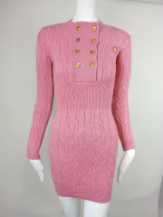 レディース ピンク ゴールド ボタン ニット ONE PIECE (2XS)