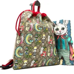 未使用保管品 GUCCI グッチ ヒグチユウコ チルドレンズ ナップサック リュック GGスプリーム ベージュ レッド ドローストリング 巾着 2WAY A4収納 550775 レディース ウサギ エコバッグ 猫 リュック バックパック コラボ 希少 限定のサムネイル
