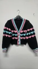 ハートパターン バイカラー ブラック クロップド カーディガン