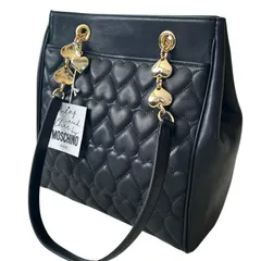 未使用 MOSCHINO モスキーノ ハートキルティング チェーン ショルダーバッグ トートバッグ ブラック 牛革 レザー 本革