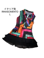 【美品・イタリア製】リナシメント RINASCIMENTO カラフル ジオメトリック柄 ノースリーブワンピース ボウタイ プリーツ L