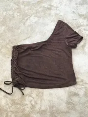 H&M エイチ・アンド・エム ブラウン アシンメトリー シャーリング 半袖 Tシャツ