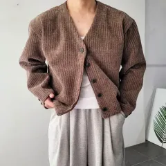メンズ 肩パッド クロップド ベロア Vネック カーディガン 4COLOR