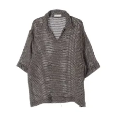ZARA ザラ ブラウン オープン カラー パータン ポロ シャツ オーバーサイズ 半袖 ニット XL
