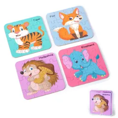 【人気商品】木製 パズル 子供 4個セット 64ピース 型はめパズル モンテッソーリ 知育玩具 パノラマパズル 1 2 3 歳幼児早期開発 指先知育 脳トレ 形合わせ 形認識 色認知 色彩感覚 男の子 女の子おもちゃ 誕生日プレゼント（動物A ）