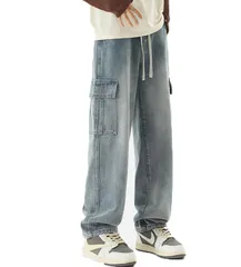 【新着商品】[LZYYHHR] デニムパンツ メンズ カーゴパンツ ワイド ジーンズ 大きいサイズ ゆったり ストリート ウエストゴム ストレート オシャレ カッコいい