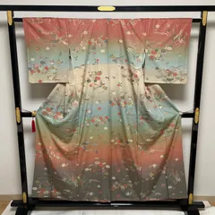 小紋付下げ 暈し染 扇に鼓 華やかな花模様 着物 正絹 X-1089
