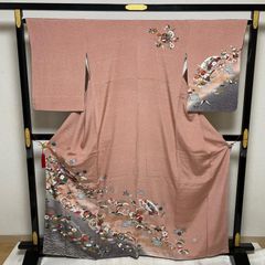 付け下げ　絞り　花模様　鹿の子　道長取り　くすみカラー　着物　015tz 付け下げ 絞り 花模様 鹿の子 道長取り くすみカラー 着物 015tz