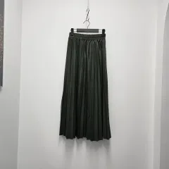 0802 ロング プリーツ フェイクレザー スカート DARK GREEN