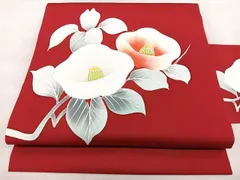 平和屋着物◎塩瀬　九寸名古屋帯　手描き　枝椿　正絹　逸品　BAAX4714qw