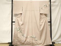 K中古美品 訪問着 単衣 花模様 ガード加工 ピンクベージュ□N80602-08