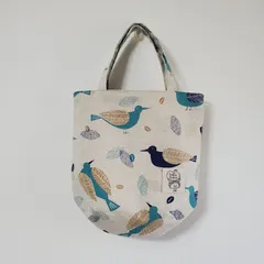 ハンドメイド 丸底トートバッグ(鳥とコーヒー豆)手作り 新品 サブバッグ