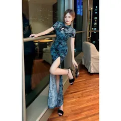 ☆ ブルー ☆ Lサイズ ☆ チャイナドレス パーティセクシー チャイナドレス ロング レディース コスプレ チャイナ服 セクシー ドレス ナイトドレス 衣装 ロング丈 ワンピース チャイナ 半袖 仮装 大人 ロングドレス コスチューム