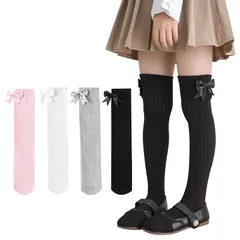 【新品】 [Buffydeer] キッズ ニーハイソックス 女の子 靴下 ガールズ 4足セット ハイソックス 女の子 黒 白 カーフソックス お姫様 可愛い リボン 膝上丈 靴下 フォーマル服用靴下 春夏 メッシュ 入学式 結婚式 卒園式 卒業式 綿 (L)