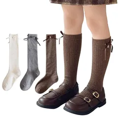 【新品】 [ANNGEBALY] キッズ靴下 ガールズ カーフソックス 3足セット 女の子 ハイソックス 可愛い リボンウボン 子供 ソックス 秋冬 通気 フォーマル服用 白靴下 通園 通学 綿 (JP, アルファベット, XL, リボン白灰コーヒー)