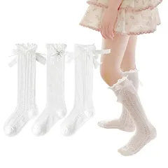 【新品】 [ANNGEBALY] キッズ靴下 ガールズ カーフソックス 3足セット 女の子 ハイソックス 可愛い リボンウボン 子供 ソックス メッシュ 通気 フォーマル服用 白靴下 通園 通学 綿 (JP, アルファベット, L, リボン白)