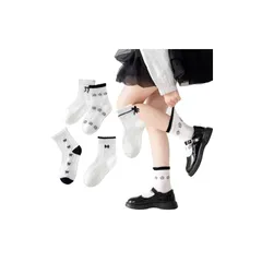 【新品】 [QINTIAN] キッズ 靴下 ガールズ ソックス 女の子靴下 5足セット 子供フォーマル服用 学生 黒 白 カーフソックス お姫様 可愛い リボン 花柄 入学式 卒業式 発表会 通園 通学 綿 (JP, アルファベット, XL, 黒白)