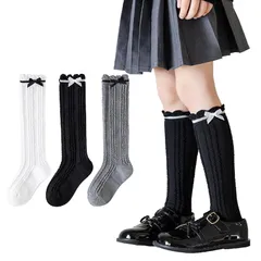 【新品】 [Buffydeer] 女の子 靴下 シンプル モノトーン ハイソックス 綿 ガールズ カーフソックス スクールソックス キッズ 子供 靴下 可愛い お姫様 リボン 3足セット 白 黒 灰 入学式 卒業式 発表会 制服用 (JP, アルファベット, 