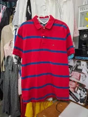 Tommy Hilfiger トミーヒルフィガー ストライプ 半袖 ポロTシャツ レッド