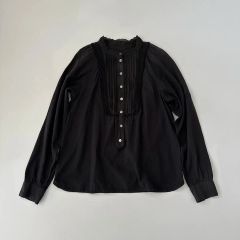 極美品 ドロワー コットンシルク ノーカラー ピンタックブラウス 