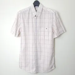 (95サイズ) メンズ LACOSTE 半袖シャツ スタイリッシュなパープル＆オレンジ CHECK