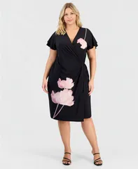 アンクライン レディース トップス ワンピース Anne Klein Womens FlutterSleeve FauxWrap Dress Anne Black Multi ブラック