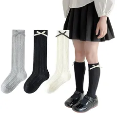 【新品】 [QINTIAN] キッズ 靴下 ガールズ ハイソックス 女の子 ソックス 3足セット 子供フォーマル服用 学生 カーフソックス お姫様 可愛い リボン ストライプ 入学式 卒業式 発表会 通園 通学 綿 (JP, アルファベット, L, リボン)