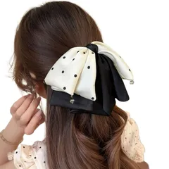 【人気商品】ヘアアクセサリー 韓国風 レディース 大きめ バレッタ ホワイト×ブラック リボン付き シルクドット柄 ヘアクリップ