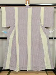 193B【アンティーク着物】小紋 麻の葉模様 縦縞 紫 薄黄色 正絹？？ リメイク素材にも
