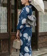 ◇高級しじら織浴衣 絣縞ネイビー◇先染めゆかた◇着物着用可☆新品未