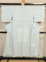 196B【アンティーク着物】小紋 水色  夏物 横段 十字 幾何学模様 リメイク素材にも