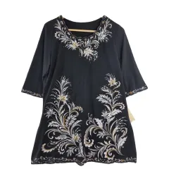 TGM ブラック フラワー 刺繍 ロング 半袖 Tシャツ L ポリ ブレンド