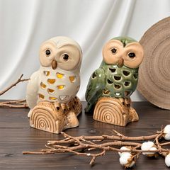 木彫りフクロウの置物 花咲く枝に2羽 手彫り 天然木 縁起物