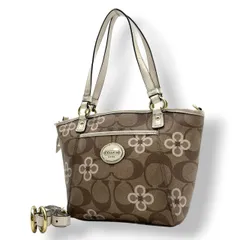 【美品】コーチ COACH 2way ショルダーバッグ F20811 シグネチャー 花柄 クローバー PVC レザー 茶 白 斜め掛け可 ワンショルダー 自立可 ビンテージ クラシック エレガント 上品 レディース お出かけ 華やか 人気 ゴールド金具 S9