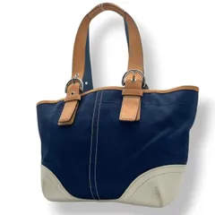 美品 コーチ COACH ソーホーツイル 4428 トートバッグ ハンドバッグ ワンショルダー 肩掛け かばん 鞄 キャンバス レザー 本革 ネイビー ホワイト バイカラー レディース  クラシック エレガント シンプル 上品 大人 自立可 S98