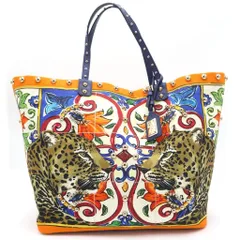 DOLCE & GABBANA (ドルチェアンドガッバーナ) ドルチェアンドガッバーナ ベアトリーチェ ハンドバッグ トートバッグ シチリア柄 オレンジ×ブルー レザー×キャンバス ゴールド金具のサムネイル