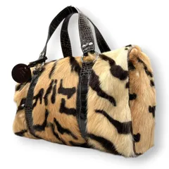 美品 エトロ ETRO ボストンバッグ ハンドバッグ ハラコ アニマル柄 トラ柄 タイガー ベージュ ブラウン 茶色 型押しレザー 本革 筒型 ドラムバッグ ロゴチャーム 希少 レア 個性的 ラグジュアリー 秋冬 レディース 鞄 カバン U15のサムネイル