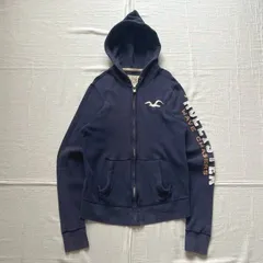 00s　archive　HOLLISTER　Abercrombie&Fitch　フルジップアップパーカー　サーマル生地　カモメ刺繍　袖デカロゴワッペン　ビッグフード　フェードネイビー　M　Y2K　平成レトロ　big logo thermal zip parka