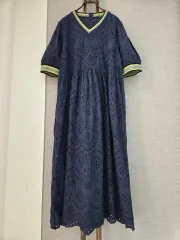 Vネック パフ袖 エンブロイダリー ボリューム感ロング丈ワンピース