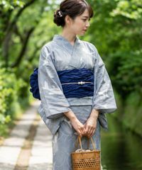 浴衣セット しじらゆかた 紗献上半幅帯 帯留め付き三分紐 レース帯揚げ